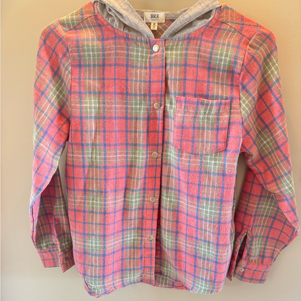 BKE Youth Pink and Green Plaid Shirt with Hood